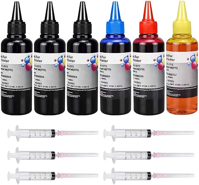 AYMSous Ink Refill Kit for HP 60 61 63 64 65 902 932 952 950 951 564 Refillable Ink Cartridge for HP Envy 4500 4520 5643 OfficeJet 6500a 6500 6000(6x100ML 3 Black, 1 Cyan. 1 Magenta, 1 Yellow) - Product Image