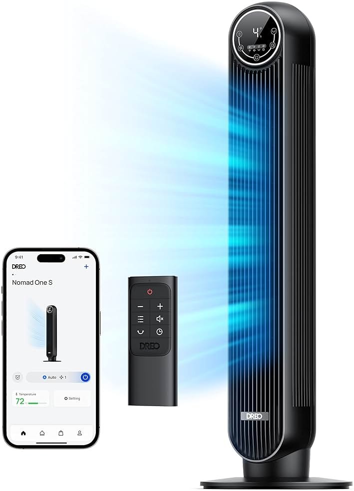 DREO Tower Fan for Bedroom, Smart Oscillating Quiet Floor Fans, Standing Bladeless Fan with Remote and WiFi Voice Control, 4 Modes, 4 Speeds, 8H Timer, 28dB, Works with Alexa/Google - Product Image