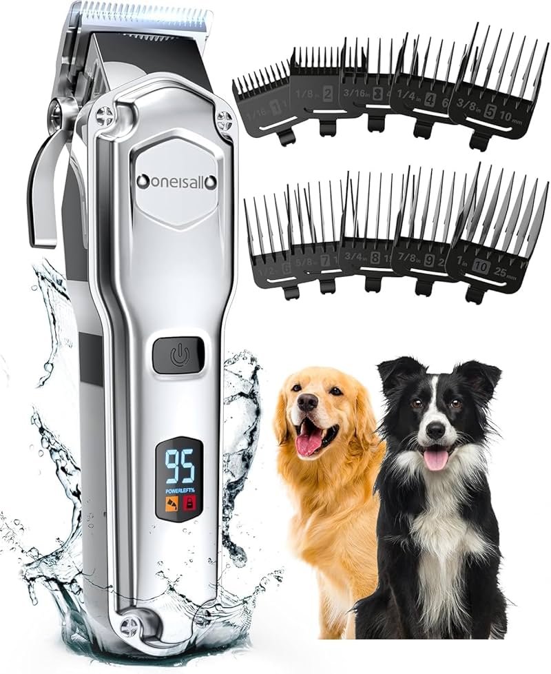 oneisall Dog Clippers for Grooming for Thick Heavy Coats/Low Noise Rechargeable Cordless Pet Shaver with Detachable Stainless Steel Blade/Waterproof Dog Shaver for Dogs Pets and Animals (Silver) - Product Image