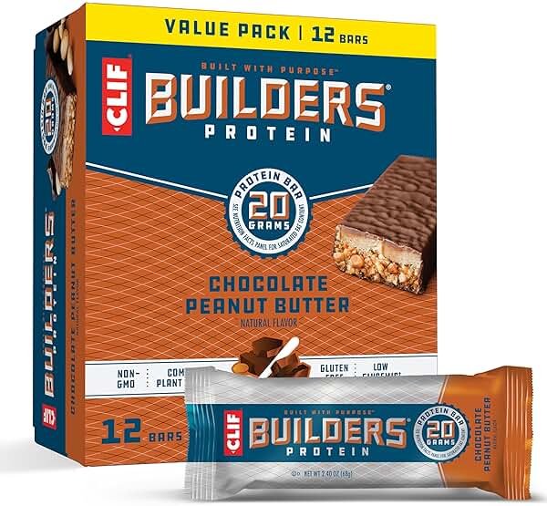 CLIF BUILDERS Protein Bars - Chocolatey Peanut Butter - 20g Plant Based Protein - Gluten Free - Non-GMO - Low Glycemic - No Artificial Sweeteners - 2.4 oz. (12 Pack) - Product Image