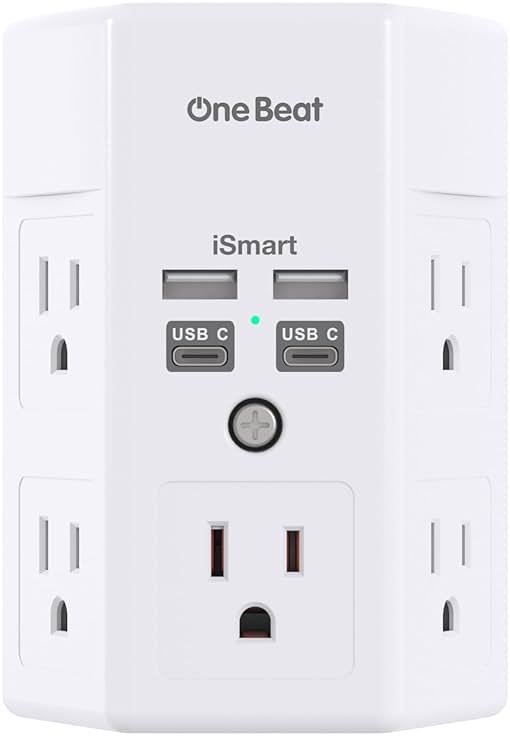 One Beat Surge Protector Wall Outlet Extender, 5 Outlets & 4 USB Ports (2 USB-C), 1680J, 3-Sided Multi Plug Outlet Adapter, Outlet Splitter, Wall Mount, ETL Listed for Home Office Travel - Product Image