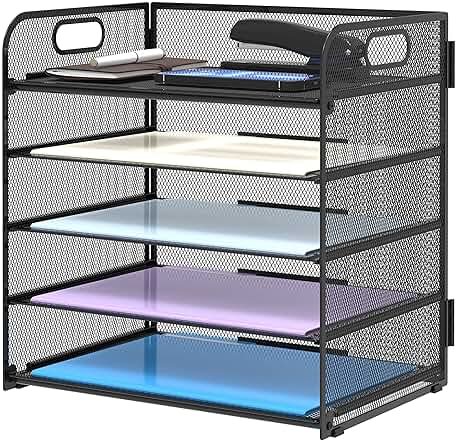 Supeasy 5 Trays Paper Organizer Letter Tray with Handle-Mesh Desk File Holders, Paper Sorter Desk Organizer for Office, Home, Classroom or School - Product Image