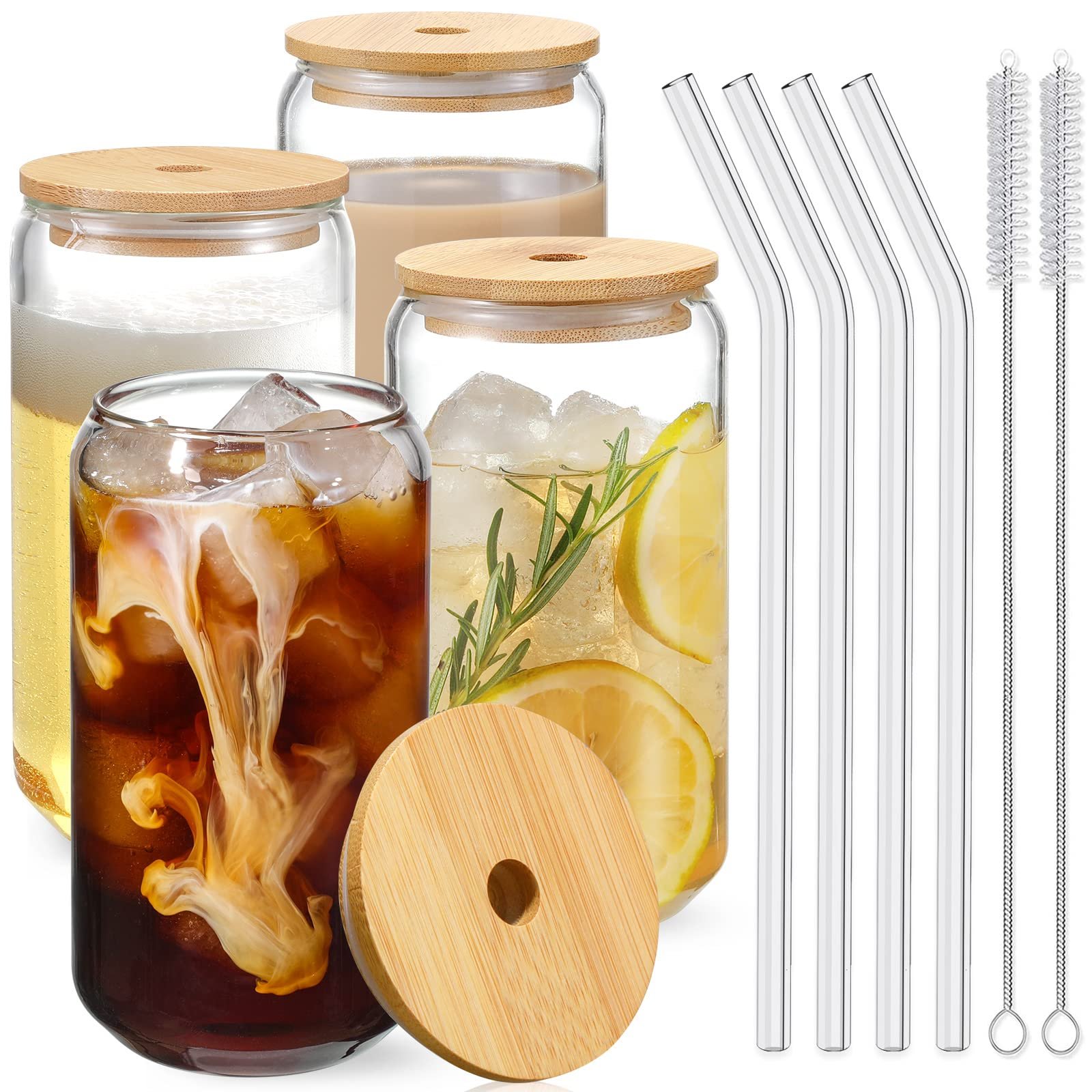 Drinking Glasses with Bamboo Lids and Glass Straw 4pcs Set - 16oz Glass Cups, Iced Coffee Glasses, Cute iced Tea Glasses, Beer Glasses, Ideal for Coffee Bar Accessories, Aesthetic Gift - 2 Brushes - Product Image