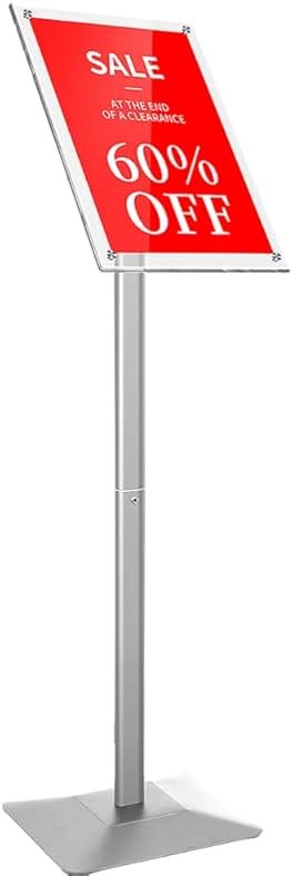 DISPLAYSWORKER Adjustable Heavy Duty Pedestal Acrylic Sign holder floor Stand,sign stand poster stand ,Standing Floor for 11 x 17 inch,Silver (silver, acrylic frame 11-x-17-inch) - Product Image