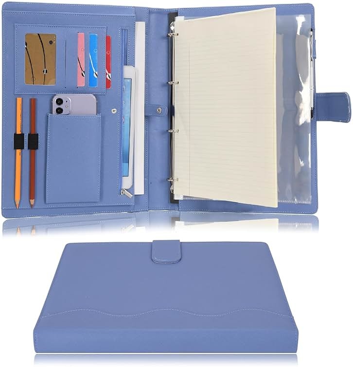 Wonderpool A4 PU Leather 3 & 4 Ring Holder Writing Portfolio Multi Document Case with Removable Binder Clipboard and Functional Pocket for Organizer Office Travel School (Blue) - Product Image