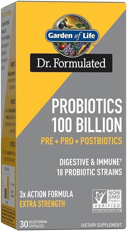 Garden of Life Dr. Formulated Pre, Post & Probiotics 100 Billion CFU Once Daily 3-in-1 Complete Probiotics, Prebiotics & Postbiotics Supplement for Women and Men – Extra Strength, 30 Day Supply - Product Image