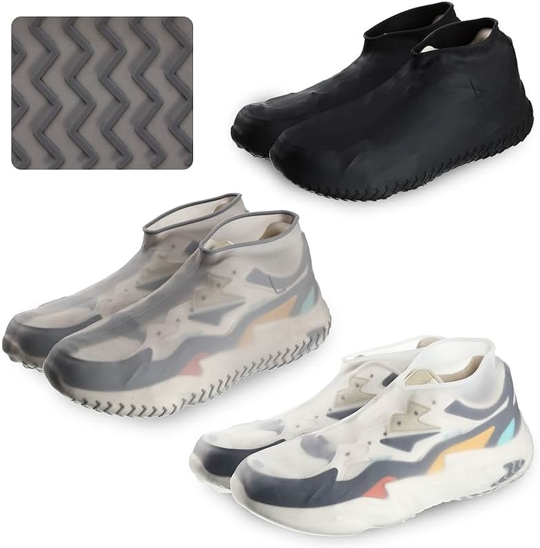 3 Pairs Silicone Shoes Covers Rain Waterproof Reusable Boots Cover Non Slip Overshoes Unisex Protector Indoor Multi Use Black White Gray, Fits up to 6. 5-11. 5 Us Men and 6. 5-12 Us Women Size(Large) - Product Image