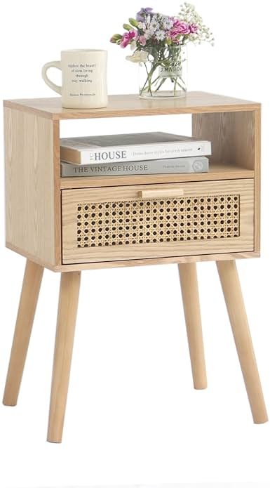 MaxSmeo Modern Nightstand Rattan Side End Table with Storage, for Living Room, Bedroom and Small Spaces, Accent Bedside Farmhouse Tables with Solid Wood Legs, Easy Assembly (Natural Walnut) - Product Image