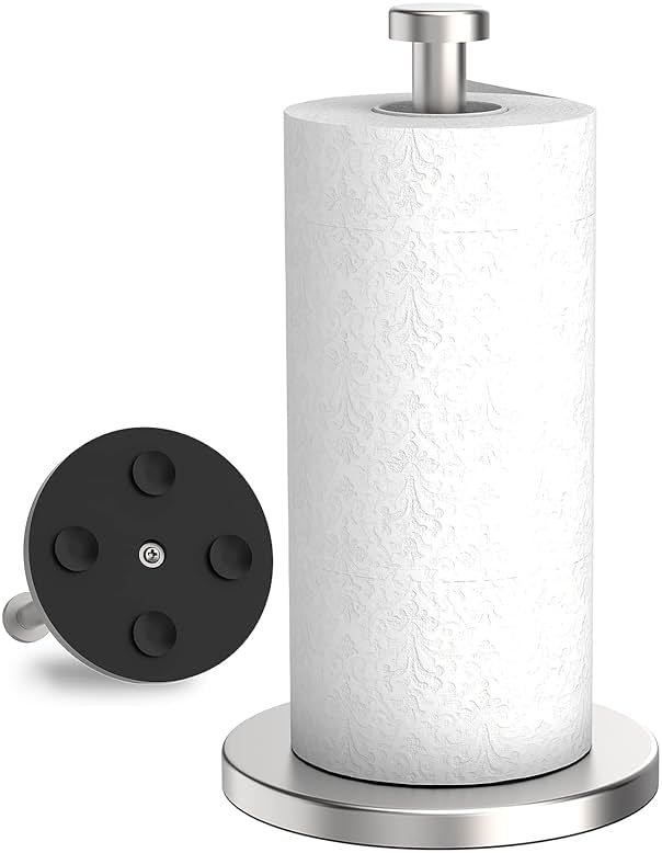 VEHHE Paper Towel Holder Countertop, Stainless Steel Paper Towel Holder Stand with Weighted Base Suction Cups, Standing Paper Towel Roll Holder for Kitchen Bathroom (Silver) - Product Image