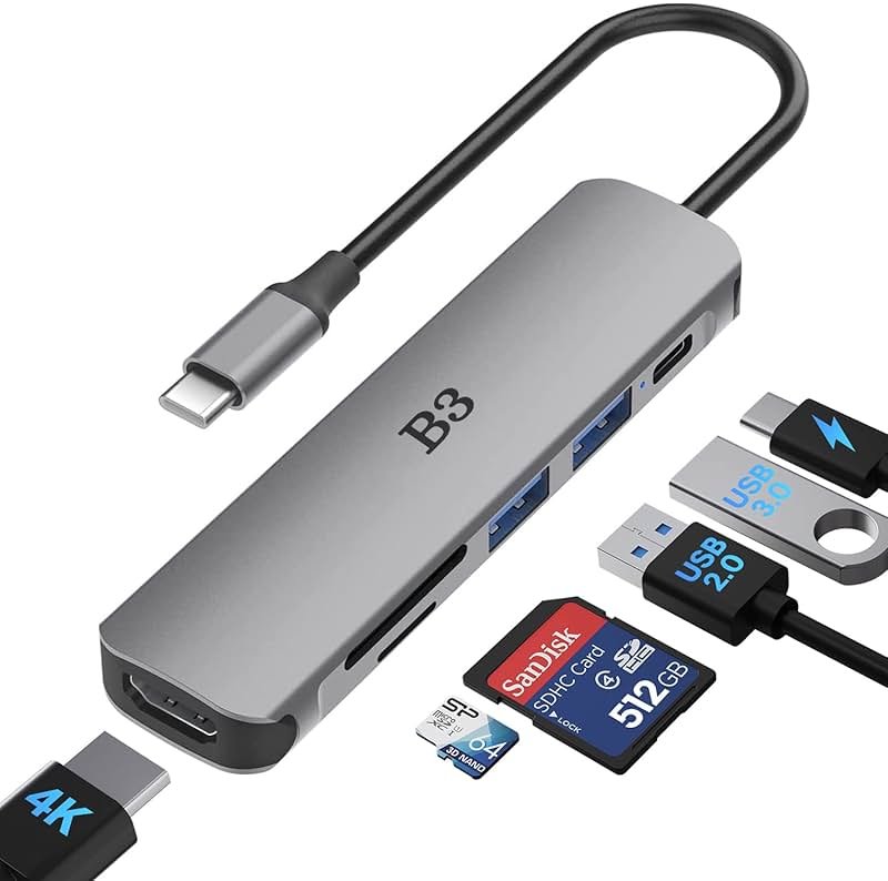 USB C Hub 6-in-1 Multi-Port Adapter with 4K@60Hz HDMI, 100W PD, 2 USB A Data Ports, and SD/TF Card Reader – Aluminum Type-C Hub for MacBook Air/Pro M1/M2, iPhone 17 Pro Max, Surface Go, XPS, iPad - Product Image