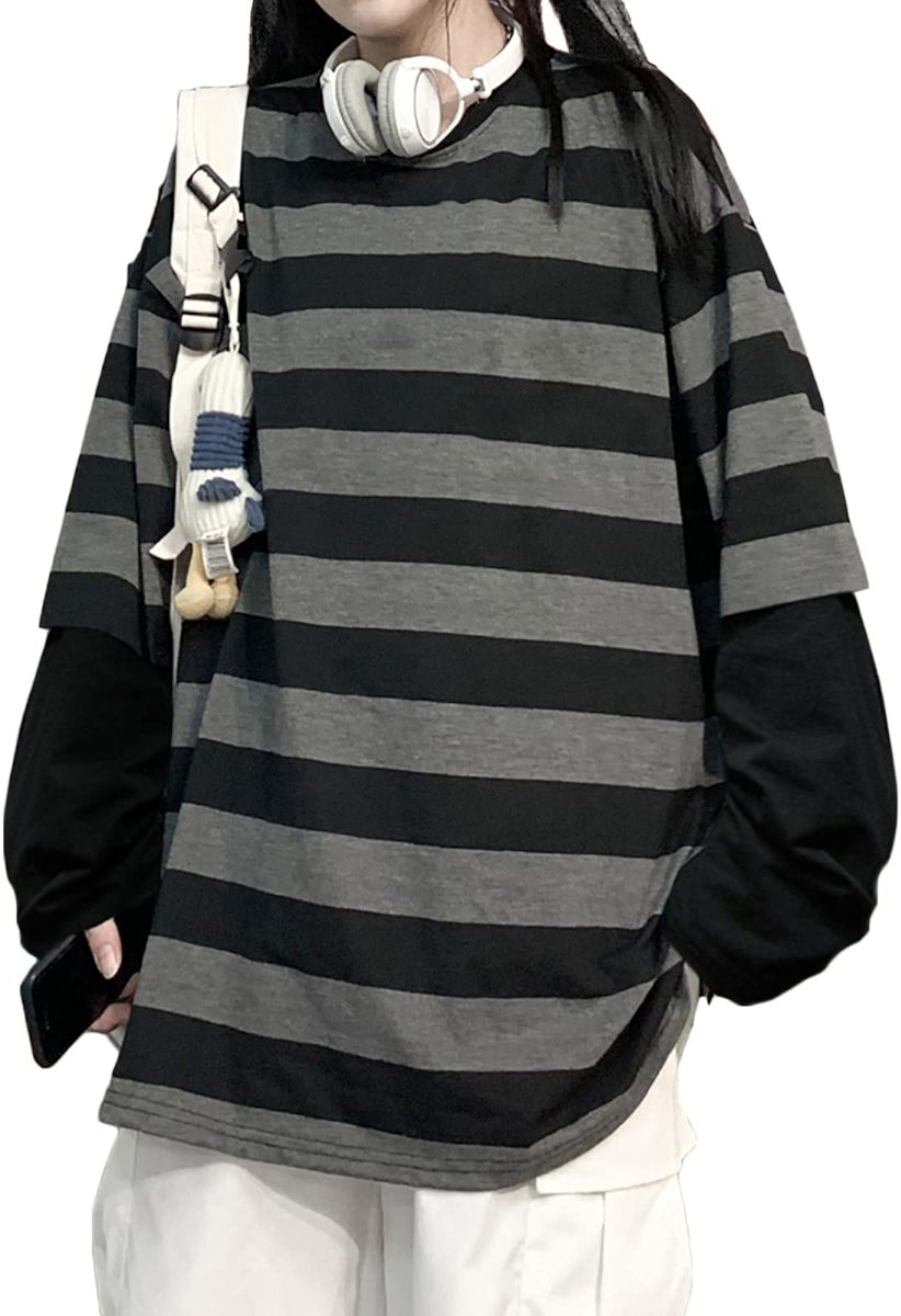 LAVASEON Harajuku Oversized Striped T-Shirt Long Sleeve Crew Neck Casual Matching Couple Streetwear Pullover - Product Image