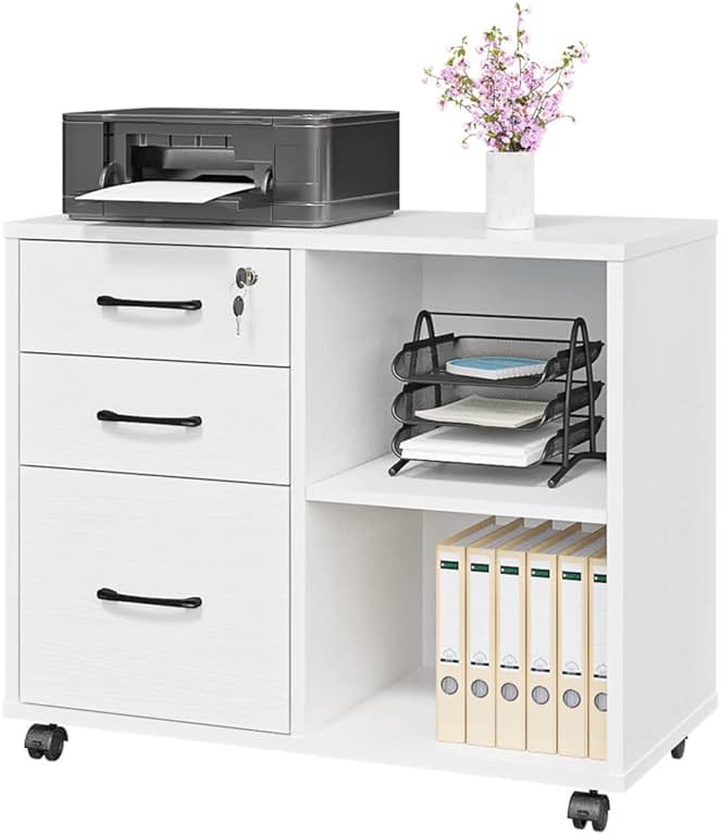 Panana 3 Drawer Office File Cabinets, Mobile Lateral Printer Stand with Open Storage Shelf, Rolling Filing Cabinet with Wheels Home Office Organization and Storage (White) - Product Image