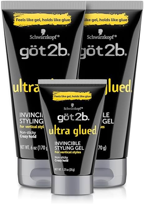 got2b Ultra Glued Invincible Styling Gel Set, 6 Fl Oz (2-Tube) + 1.25 Fl Oz Travel Size, Hair Gel for Men and Women with Extra Strong Hold, Non-Sticky, No-Flake Formula for Vertical Styles - Product Image