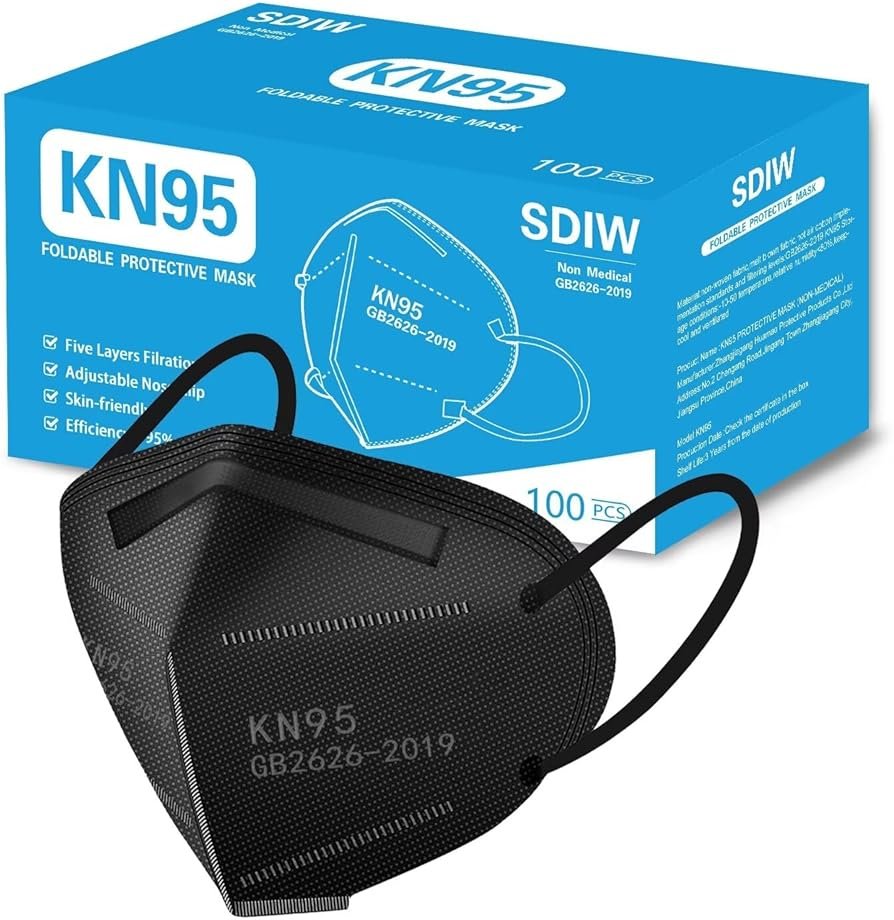 SDIW 100PCS KN95 Black Face Masks 5 Layer Filter Efficiency≥95% with Elastic Ear Loop and Nose Bridge Clip Breathable Mask - Product Image