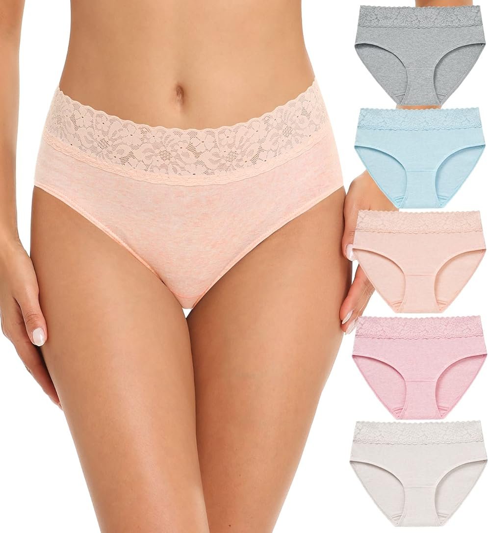 RHYFF Womens Underwear Cotton Bikini Panties Lace Soft Hipster Panty Ladies Stretch Full Briefs 5 Pack - Product Image