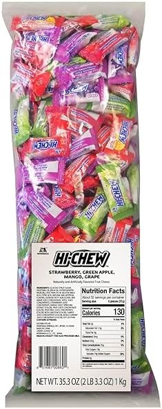 HI-CHEW Assorted Bulk Candy Bag, Green Apple Strawberry Mango Grape, Soft & Chewy Candy 2lb - 185+ Pieces Individually Wrapped - Made with Immensely Juicy Fruity Flavors - Product Image