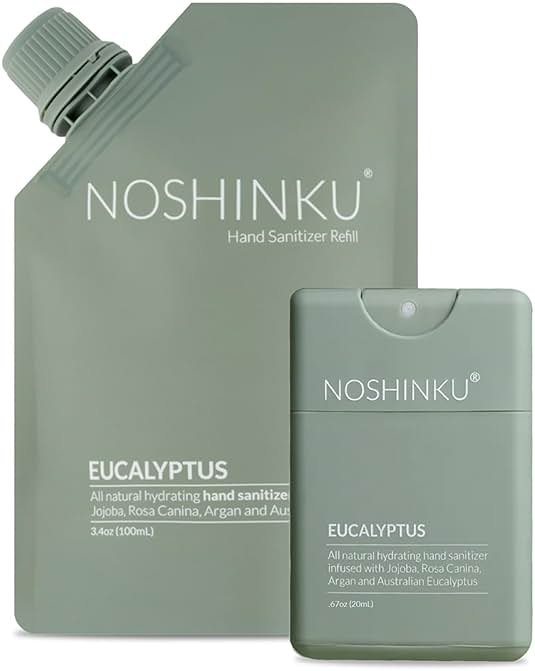 Noshinku Eucalyptus Pocket Hand Sanitizer Refill Kit: Refill Pouch + Sprayer Bundle | Organic Antibacterial Sanitizing Mist with Moisturizing Oils | FDA Registered | 70% Sugarcane Derived Alcohol - Product Image