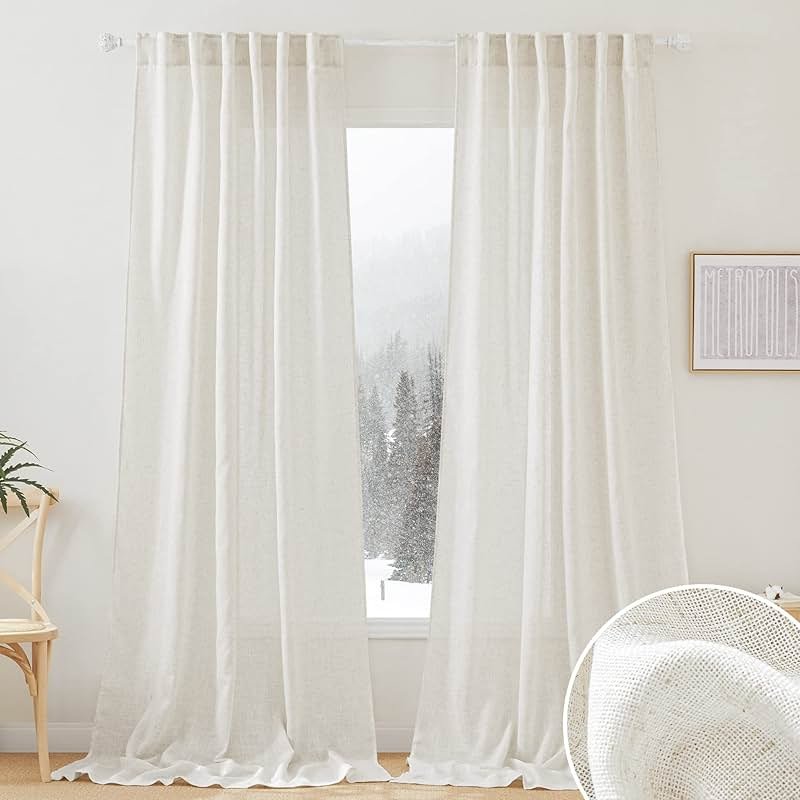 RYB HOME 108 inch Curtains - Flax Linen Blend Semi Sheer Light Glare Filtering Extra Long Drapes for Living Room Dining Doorway Farmhouse Office Sunroom, Linen, Wide 52" by Long 108", 2 Panels - Product Image