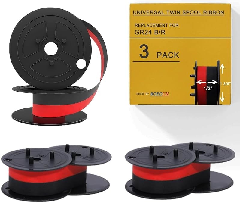 3 Pack Replacement for Porelon 11216 Twin Spool Calculator Ribbon - Universal GR24br Compatible with Sharp el-1197piii, Nukote BR80c, Casio fr-2650tm Adding Machine Ribbons (Black/Red) - Product Image