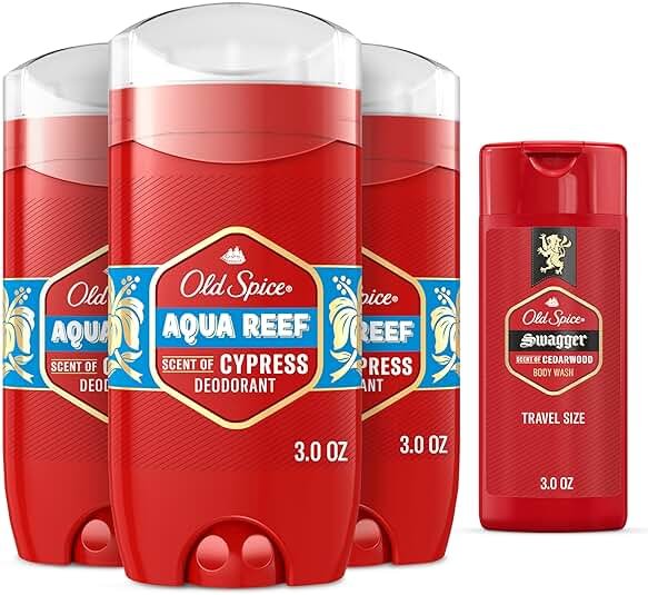 Old Spice Aluminum Free Deodorant for Men, 24/7 Odor Protection, 24/7 Freshness & Lasting Scent, Aqua Reef with Cypress Scent, 3.0 oz with Travel Size Swagger Body Wash (Pack of 4) - Product Image