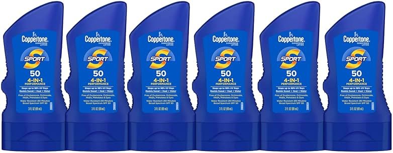 Coppertone Sport Sunscreen Lotion SPF 50, Sweat, Heat and Water Resistant Sunblock, Lightweight, Oxybenzone Free, Travel Size Sunscreen Bulk Pack, 3 Fl Oz Bottle, Pack of 6 - Product Image