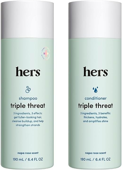 hers Triple Threat Shampoo & Conditioner Set - Biotin, Saw Palmetto, & Pumpkin Seed Oil Formula - Thickens & Hydrates - Color-Safe, Paraben-Free, Vegan - Napa Rose Scent - 6.4 Fl Oz, 2 Count - Product Image