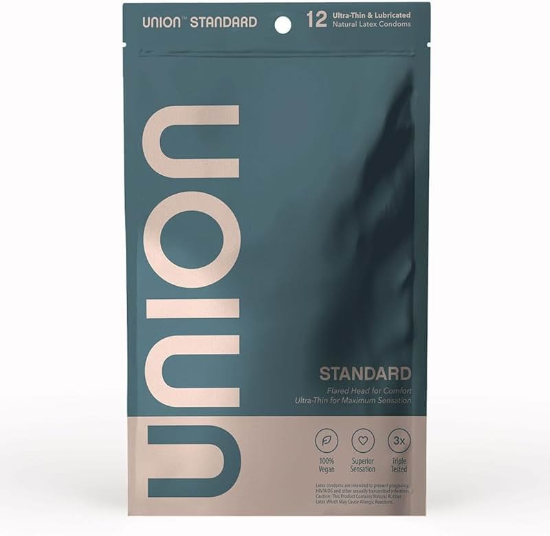 UNION Standard Condoms – Ultra-Thin Natural Latex, Lightly Lubricated, Vegan-Friendly, Body-Friendly, Medium Size for Natural Feel and Comfort, Flared Head, Flexible Design – 12 Count, Medium 54mm - Product Image