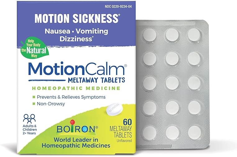 Boiron MotionCalm Relief for Nausea, Vomiting, or Dizziness associated with Motion Sickness Due to Travel, Amusement Rides, and Video Games or VR - Non-Drowsy - 60 Count - Product Image