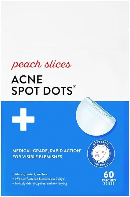 Peach Slices - Acne Spot Dots (60 ct) - Hydrocolloid Pimple Patches for Face - Absorb Gunk, Protect Picking & Support Healing - 3 Sizes (7, 10, & 12mm) - Vegan, Cruelty Free, Korean Skin Care & Beauty - Product Image