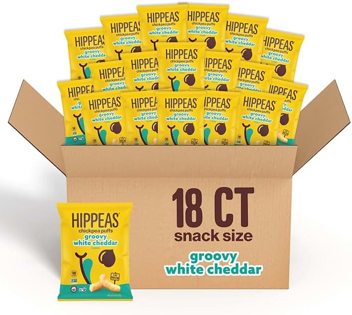 HIPPEAS Chickpea Puffs, Groovy White Cheddar, Gluten Free Snacks, Dairy Free, Vegan, 0.8oz, Pack of 18, 3g Protein, 2g Fiber, Crunchy, Nutritious, Baked Plant Protein Snack, Non-GMO, Kosher - Product Image