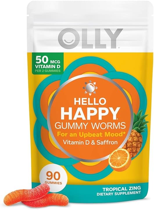 OLLY Hello Happy Gummy Worms, Mood Balance Support, Vitamin D, Saffron, Adult Chewable Supplement, Gluten Free, Tropical Zing - 90 Count - Product Image