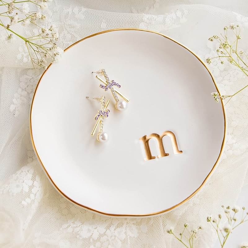 COLLECTIVE HOME - Ceramic Jewelry Tray, Decorative Trinket Dish for Rings Earrings Necklaces Bracelet Watch Keys, Birthday Mother's Day Christmas Gift for Women, 4.75", White Surface (M) - Product Image