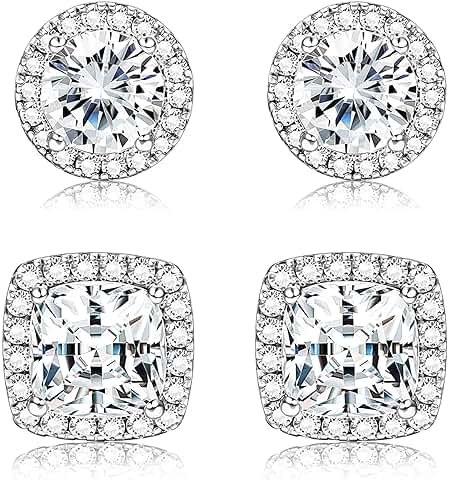 1-2 Pairs 925 Sterling Silver Mens Earrings Cubic Zirconia Halo Stud Earrings for Men 18K Gold Plated Heart/Round/Square Cut CZ Stud Earrings Set for Women Men - Product Image