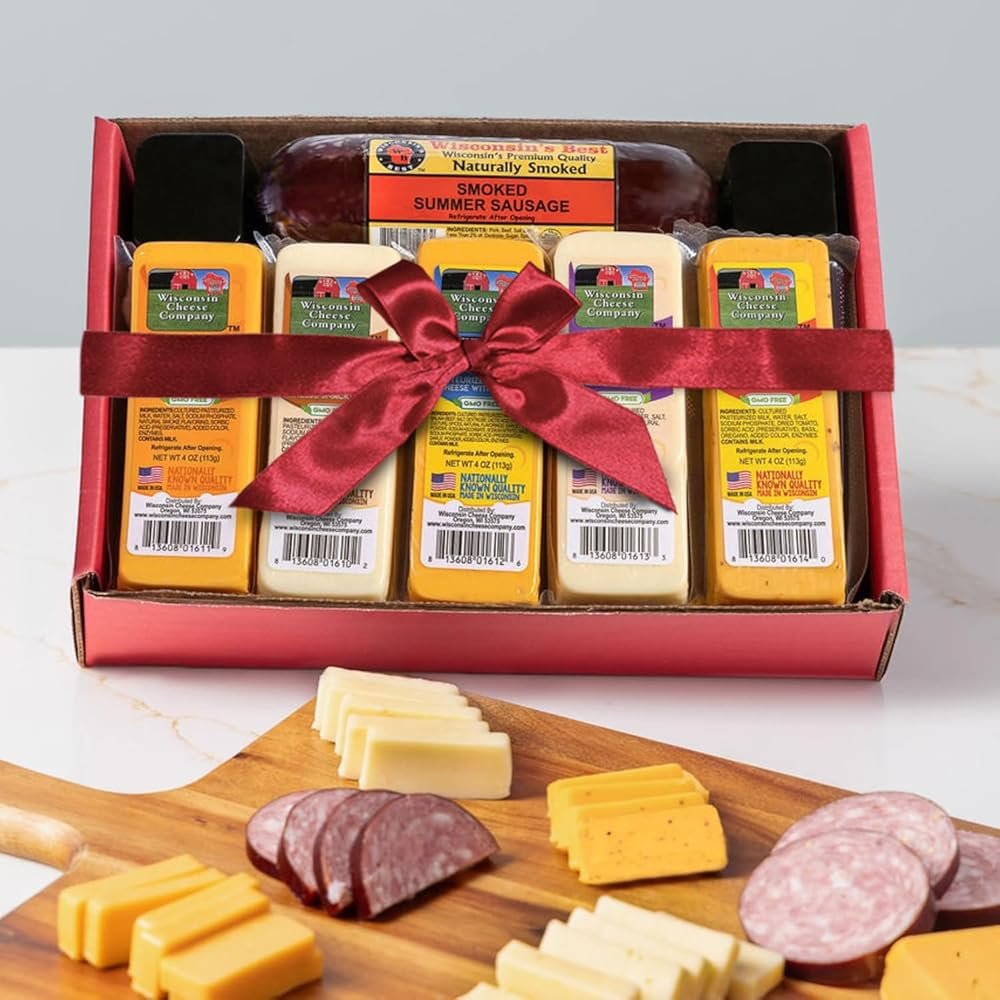Wisconsin Cheese Company - Specialty Cheese & Summer Sausage Gift Box - 100% Wisconsin Gouda, Smoked Cheddar, Salami, Tomato Basil Cheddar, Swiss (Pack of 5 Blocks) | Perfect for Parties, Charcuterie Boards, and Holiday Gifts - Product Image