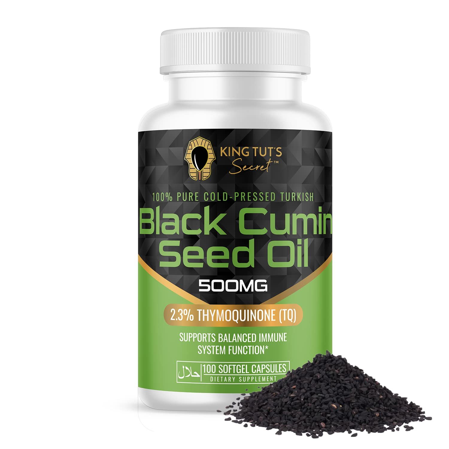 KING TUT'S SECRET Black Seed Capsules - 500 mg 100 Softgels - Nigella Sativa Extract, Black Cumin Supplement for Hair, Antioxidant Support, Immune System - Halal Black Seed Cumin Oil Capsules - Product Image
