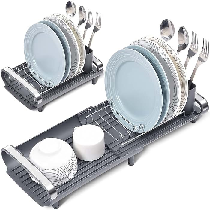 TOOLF Small Dish Drying Rack, Mini Expandable Compact Dish Rack, Slim Extendable Stainless Steel Dish Drainer for Kitchen Plate Storage, Space Saving Dish Strainer in Sink or on Home Countertop, Gray - Product Image