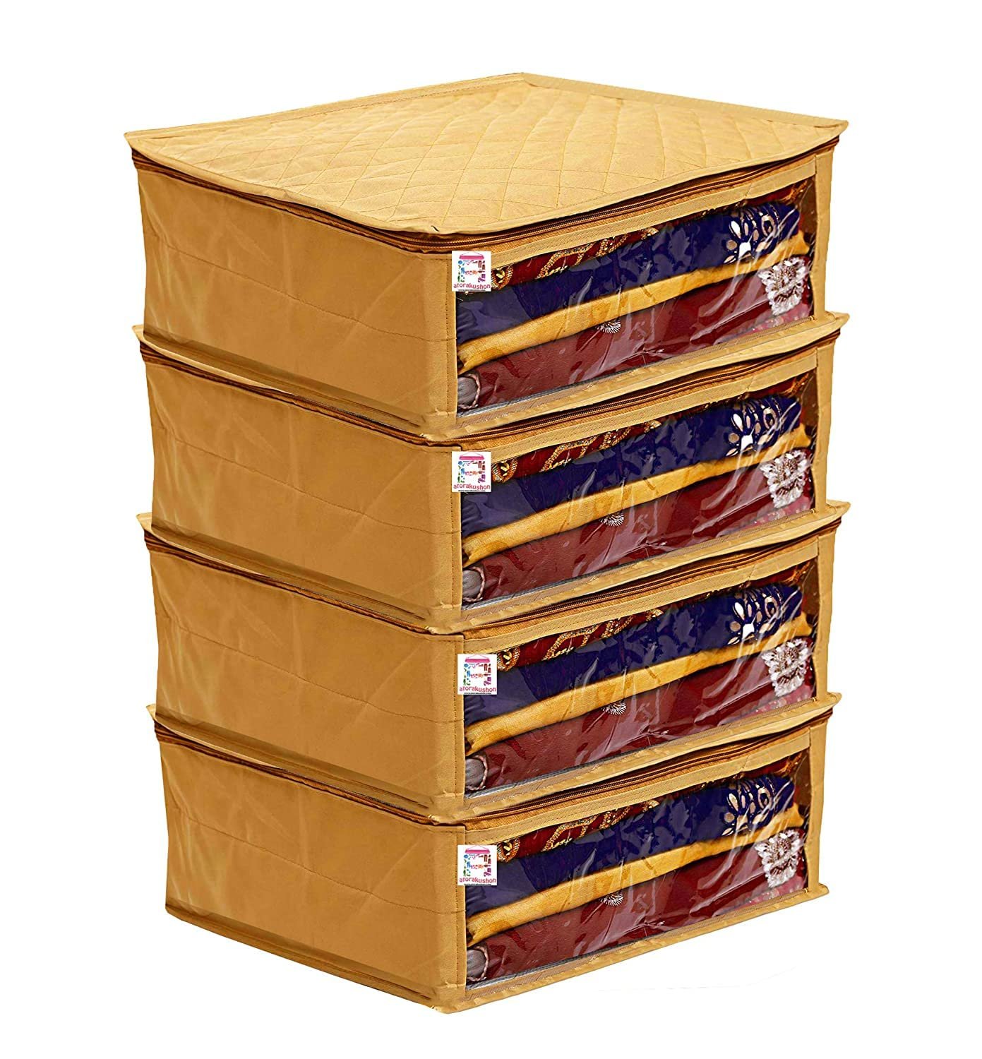 atorakushon Fabric Satin Foldable Saree Covers Garments Clothes Storage Bag Wardrobe Organizers With Double Zip Lock & Transparent Window 4 Pieces Gold - Product Image