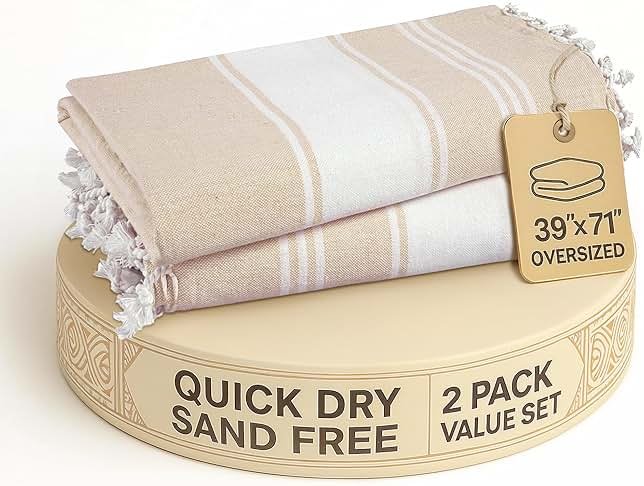 LANE LINEN Oversized Beach Towels, 2 Pack Turkish Towel Set for Adults, Lightweight, Quick Dry, Absorbent & Sand Proof, 39"x71" Pool Towels – Beige - Product Image