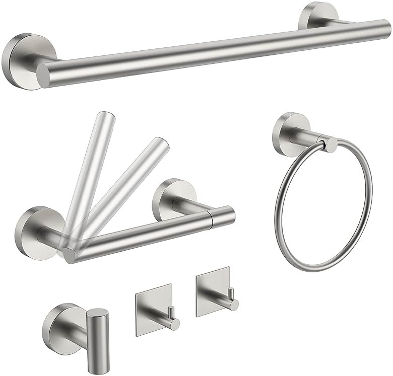 RARXTR 6 PCS Bathroom Hardware Set, Including 16" Hand Towel Bar, Toilet Paper Holder, Towel Ring, Robe Towel Hooks, Bathroom Accessories Kit (Brushed Stainless Steel) - Product Image