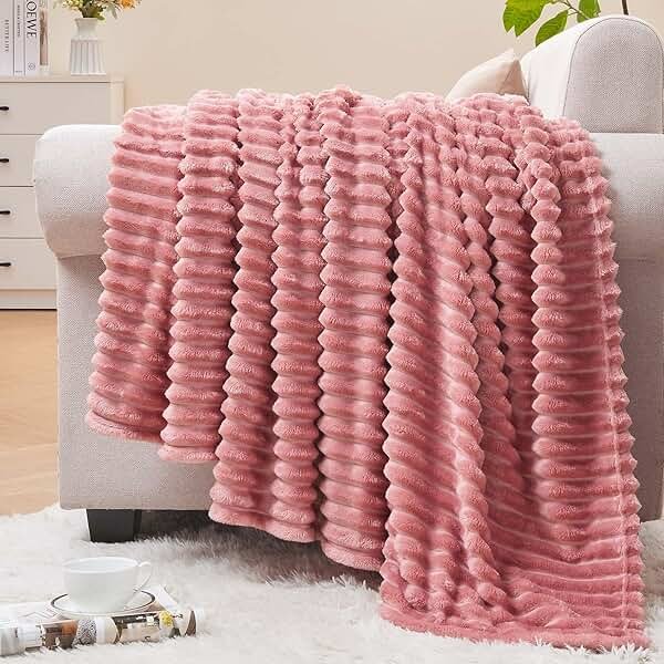 BEDELITE Fleece Throw Blanket for Couch – 3D Ribbed Jacquard Soft and Warm Decorative Fuzzy Blanket – Cozy, Fluffy, Plush Lightweight Pink Throw Blankets for Bed, Sofa, 50x60 inches - Product Image