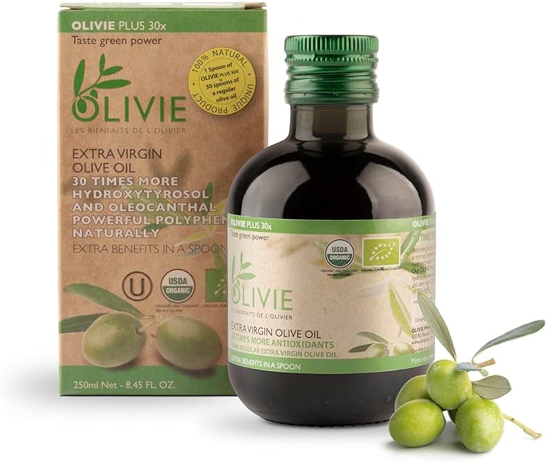 Organic High Polyphenol Extra Virgin Olive Oil, 30x More Hydroxytyrosol, Polyphenols 1250 mg/kg & Antioxidants, Research-Backed, OLIVIE PLUS 30X, Pure Cold Pressed EVOO, Heart Support, Kosher, 250ml - Product Image
