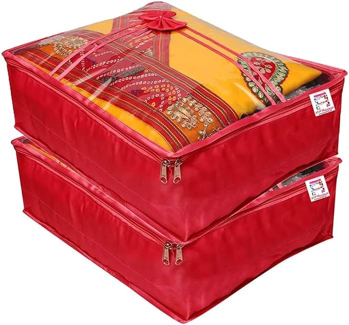 atorakushon 2 Piece Fabric Satin Saree Cover Clothes Storage Bags Set With Transparent Window Extra Large Wardrobe Garments Organizers (Maroon) - Product Image
