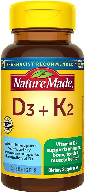 Nature Made Vitamin D3 K2 Supplement, 5000 IU (125 mcg) Vitamin D for Bone, Teeth, Muscle and Immune Support, 30 D3 and K2 Softgels, 30 Day Supply - Product Image