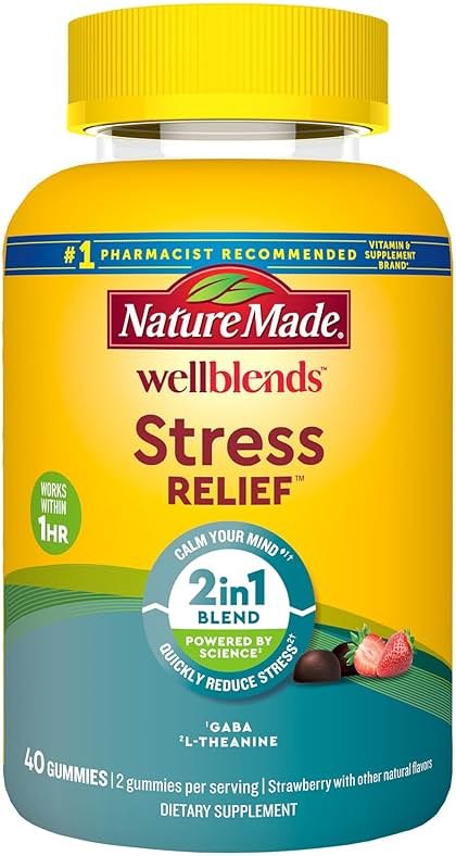 Nature Made Wellblends Stress Relief Gummies, L theanine 200mg to Help Reduce Stress, with GABA 100mg, Same Day Stress Support, 40 Strawberry Flavor Gummies - Product Image