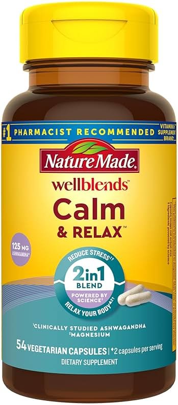 Nature Made Wellblends Calm & Relax, Ashwagandha 125mg, Magnesium 300 mg, 54 Vegetarian Capsules - Product Image