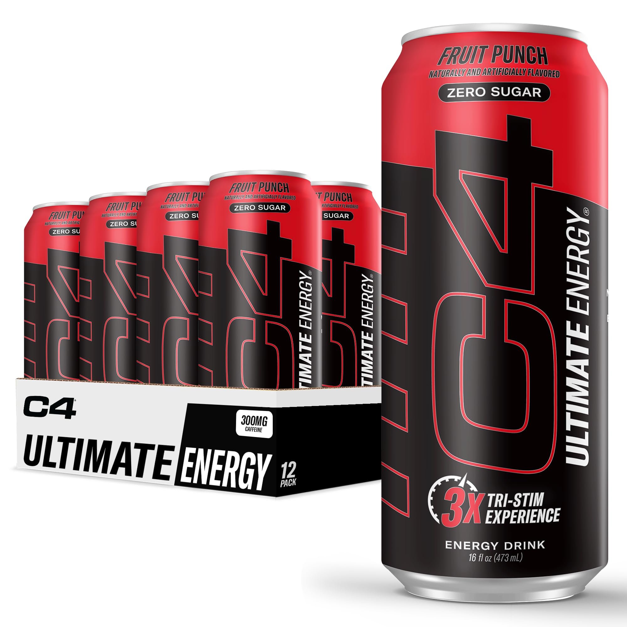C4 Ultimate Zero Sugar Energy Drink, Tri-Stim Experience with 300mg Caffeine + TeaCrine + Dynamine, Fruit Punch, 16oz (Pack of 12) - Product Image