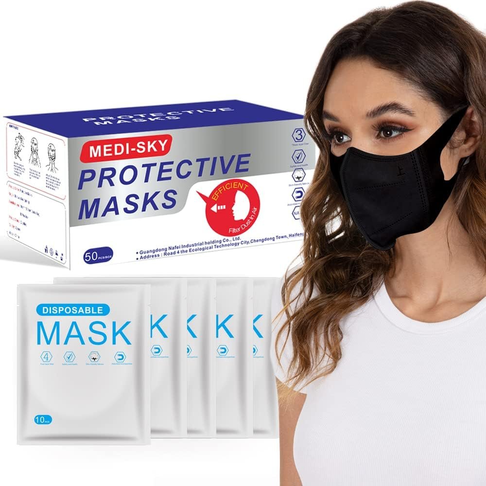 Medi-sky 3D Disposable Mask for Adults, Elastic Cloth Ear Straps Breathable Face Mask Individual Package 50pcs Black - Product Image