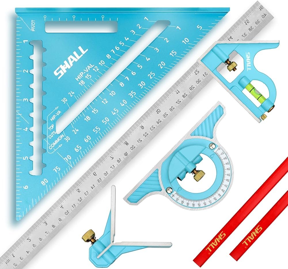 SHALL Rafter Square & Combination Square Tool Set, 7 Inch Aluminium-Alloy Carpenter Square & 16 Inch Zinc-Alloy Woodworking Framing Combo w/Stainless Steel Ruler, 2 Carpentry Pencils, Scriber - Product Image