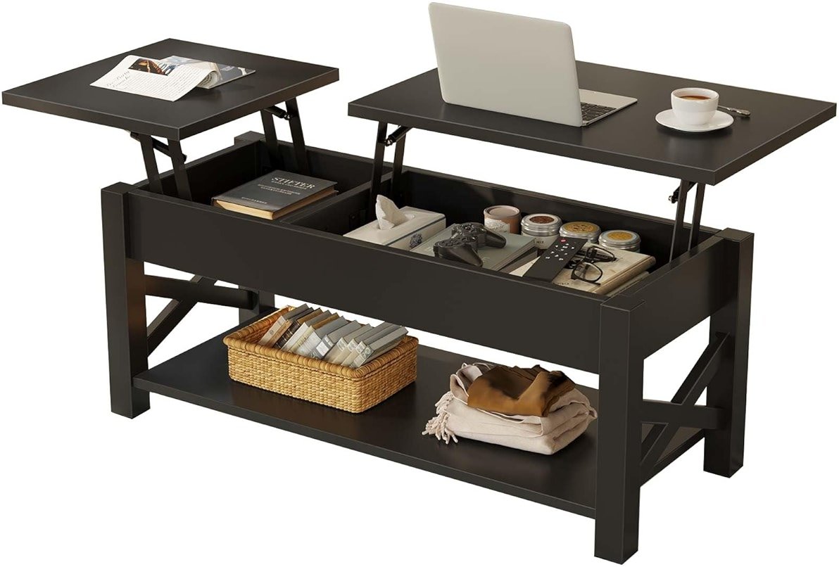 Rolanstar Coffee Table 47.2", 2 Way Lift Top Farmhouse Center Table with Hidden Compartment, Open Shelf & X Wooden Support for Living Room, Black - Product Image