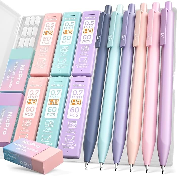 Nicpro Cute Mechanical Pencils Set, 6PCS Pastel 0.5 & 0.7mm Pencils with 6 Tubes HB Leads, Erasers & Refills, Aesthetic School Supplies for Girls, Preppy Stationery Gift for Writing Drawing Sketching - Product Image
